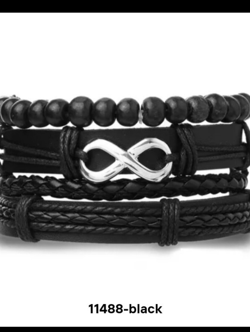 Men's Leather Bracelets Set Beaded Infinity Beaded Black Jewelry New G32